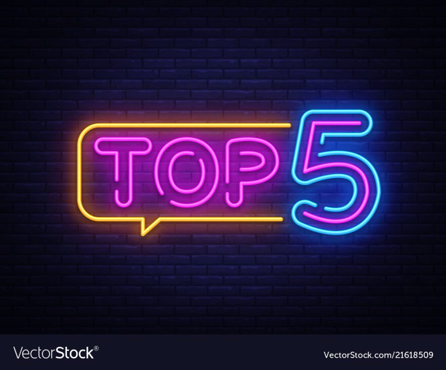 Top 5 Neon Text Vector. Top Five neon sign, design template, modern trend design, night neon signboard, night bright advertising, light banner, light art. Vector illustration.