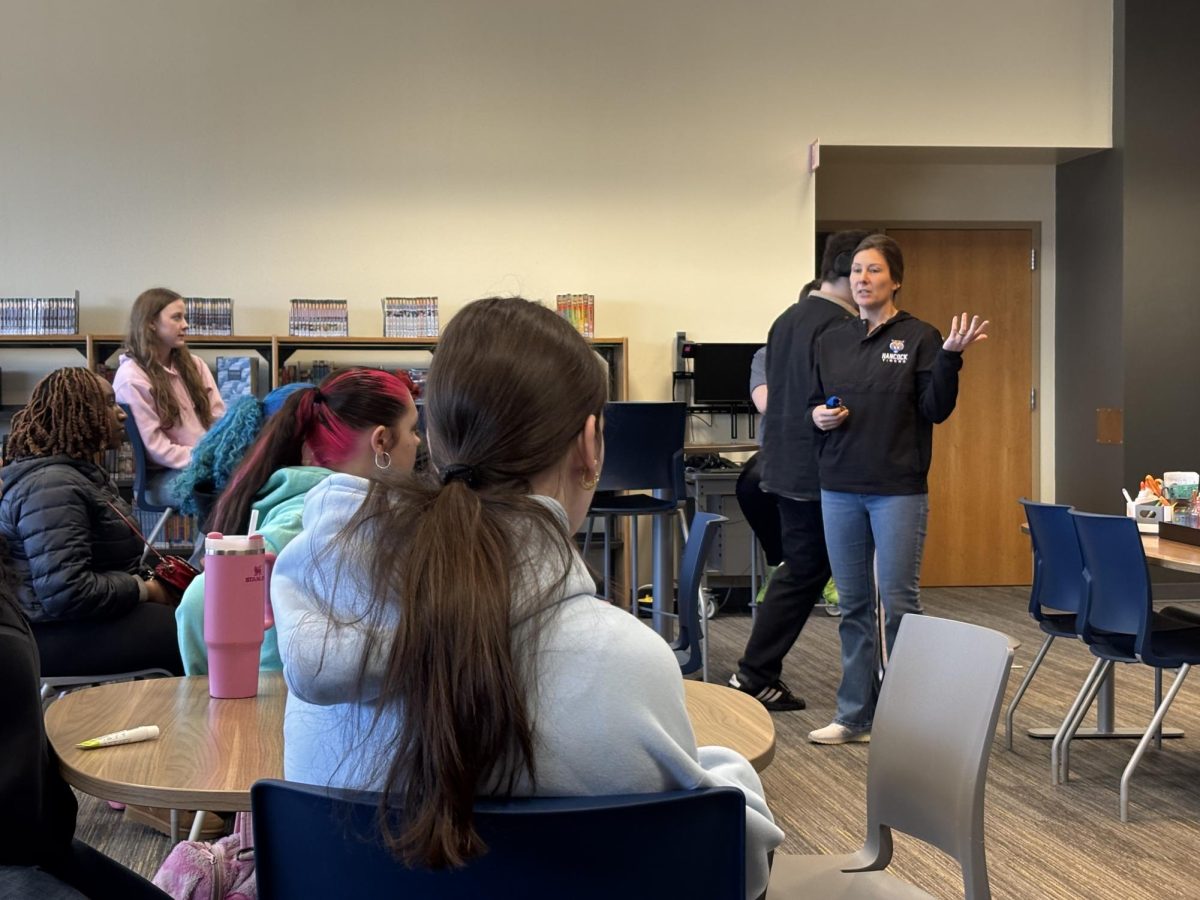 Mrs. Amie Branch speaks to seniors on Monday, February 23rd when Lincoln Technical College presented.